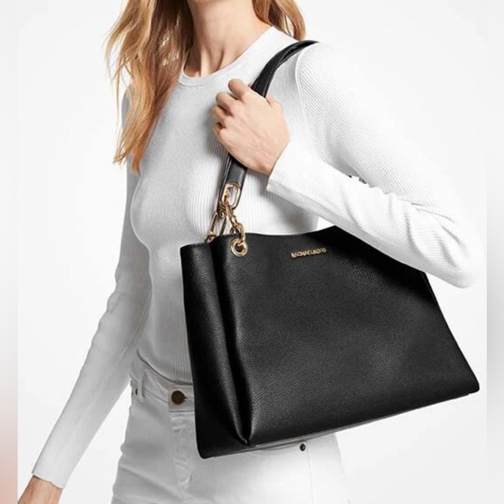 Michael Kors Trisha Large Black Pebbled Leather Shoulder Bag NWT